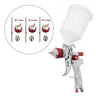 Пневматичний фарборозпилювач HVLP з трьома наборами форсунок - 1,3 мм, 1,4 мм, 1,7 мм, пластиковий бачок, 3бар