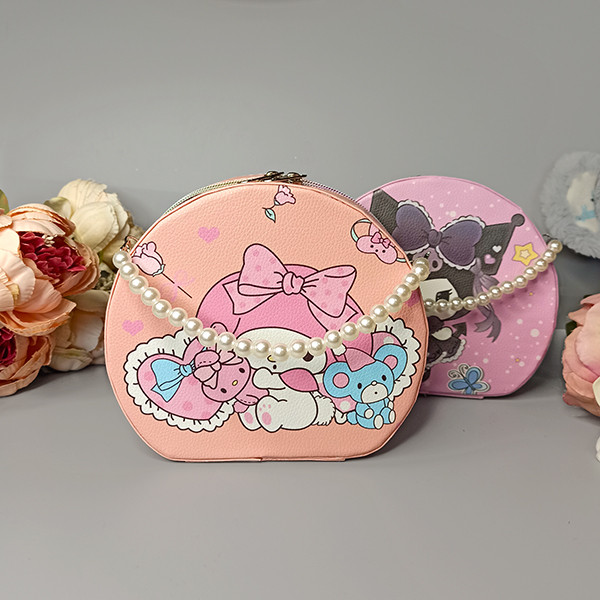 ❤️Дитяча скринька "Мелоді/My Melody" для прикрас зі шкірозамінника з дзеркалом, округла, ручка з намистинами, фото 1