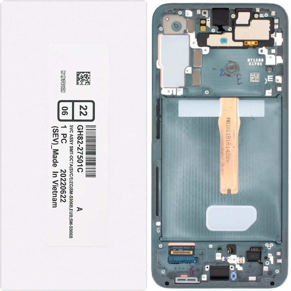 Дисплей Samsung S906 Galaxy S22+ 5G чорний, Amoled, оригінал, сервісна упаковка, з рамкою зеленого кольору, GH, фото 1