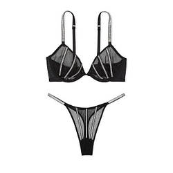 Комплект білизни зі стразами Victoria's Secret Unlined Lace Shine Strap, Чорний
