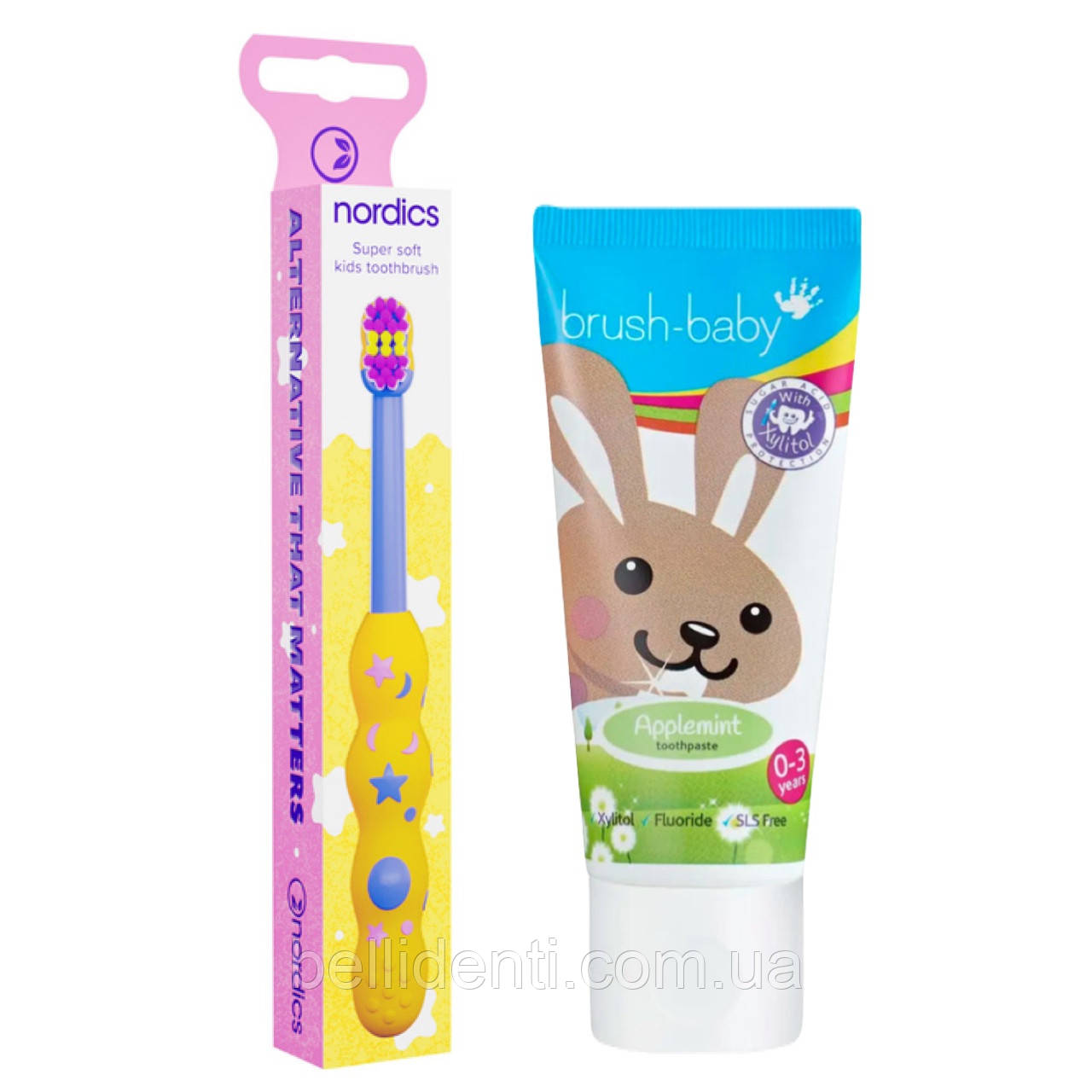 Набір від 0 до 2 років (зубна паста Brush-Baby Зайчик, 50 мл+зубна щітка Nordics Kids 4080)