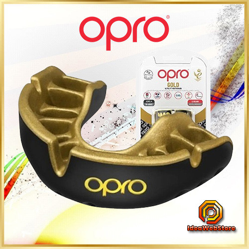 Капа для боксу ММА та єдиноборств OPRO Gold чорна доросла з антимікробним футляром двошаровий захист