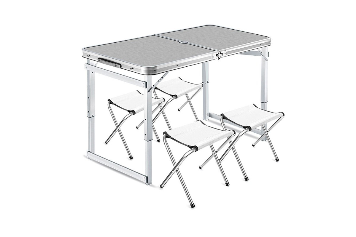 Раскладной стол усиленный для пикника с 4 тканевыми стульями, 120x60x70 см, Silver