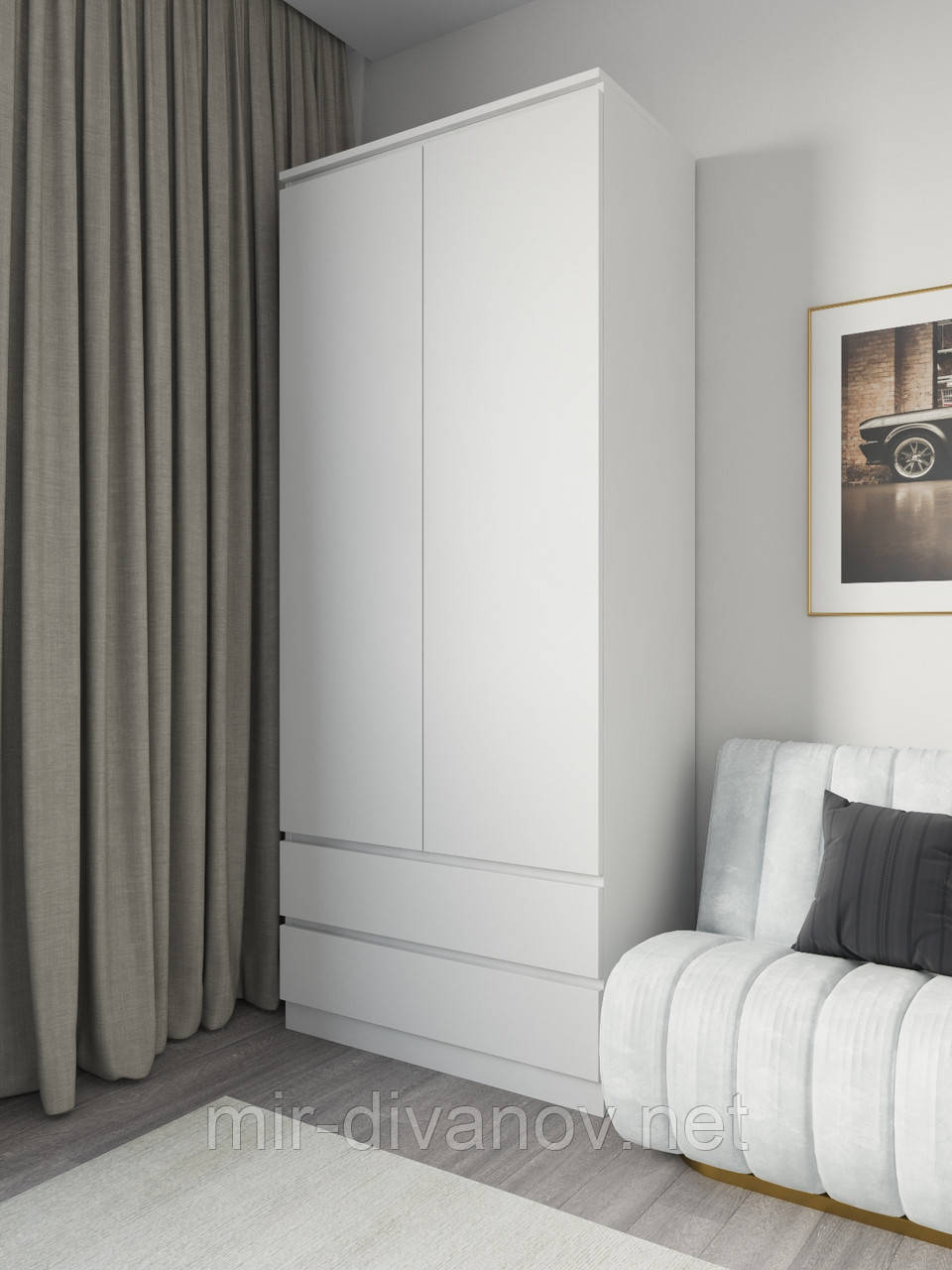 Шафа для одягу зі штангою та двома ящиками без ручок Білий, фото 1