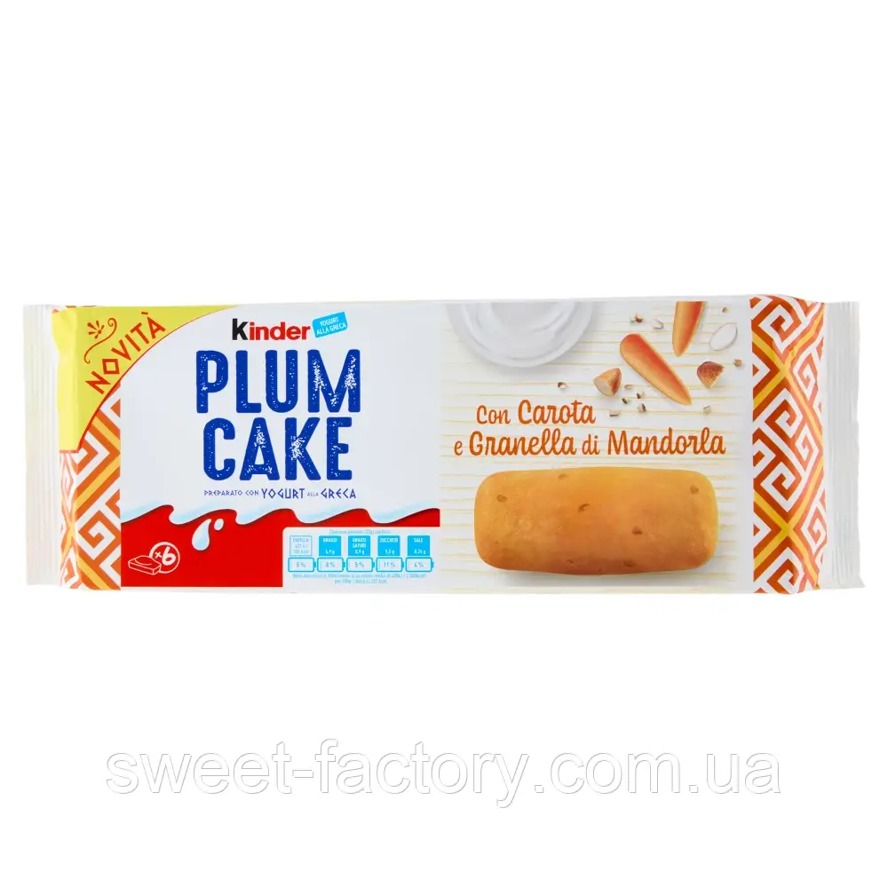 Бісквіт Kinder Plum Cake Yogurt Greca Carota Granella Mandorla 6s 192g, фото 1