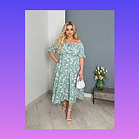 Літня сукня батал жіноча плаття міді з відкритими плечима принт великого розміру вільного крою легка