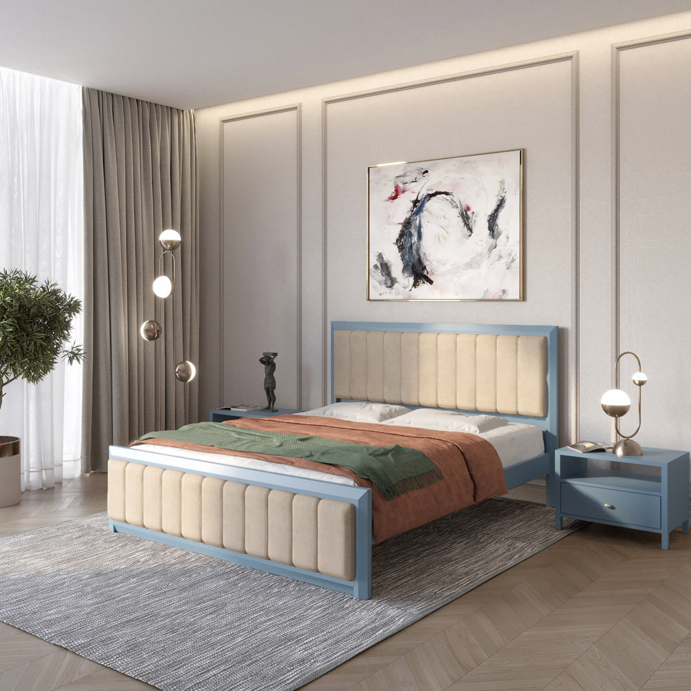 Полуторне дерев'яне ліжко Mebigrand Барселона Б1 Сіро-синій (S7010R90B)/Аляска 23 (Бежевий) 120х190 см (MBG-11659), фото 1