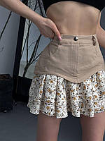 Женская юбка с имитацией баски Джинсовая юбка с воланами цветочный принт. Комбинированная юбка Бежевый