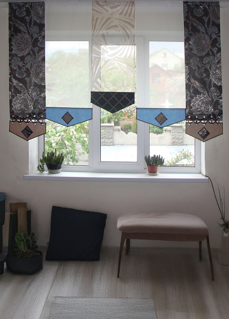 Комплект панельних фіранок Firanka Мозаїка 5шт карниз 200см блакитний з бежевим і шоколадним (13п), фото 1