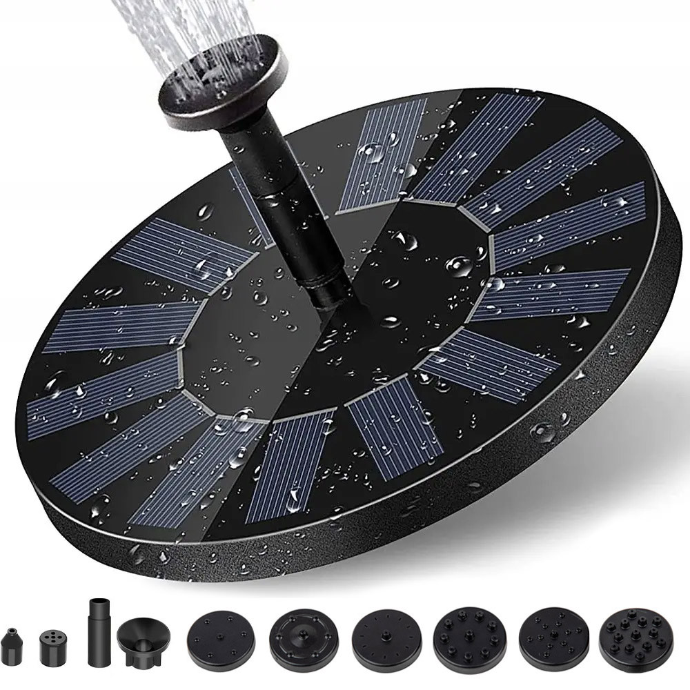 Садовий фонтан із сонячною панеллю 13см + 10 насадок / Вуличний фонтан для ставка / Міні фонтан для дачі, фото 1
