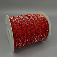Оксамитова стрічка з люрексом срібло 1см боб. 46м- червоний