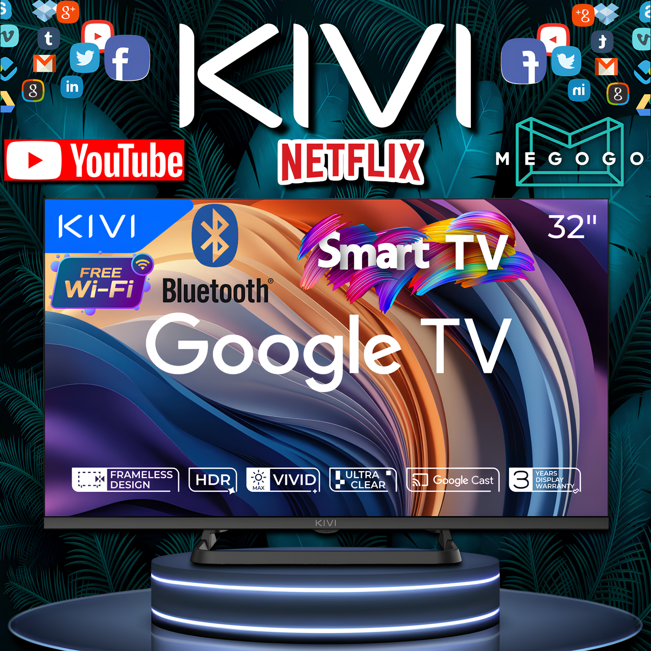 Телевізор KIVI 32 дюйми/ Монітор ківі HD 1366x768/плазмовий телик LED Wi-Fi Smart TV Bluetooth HDMI USB