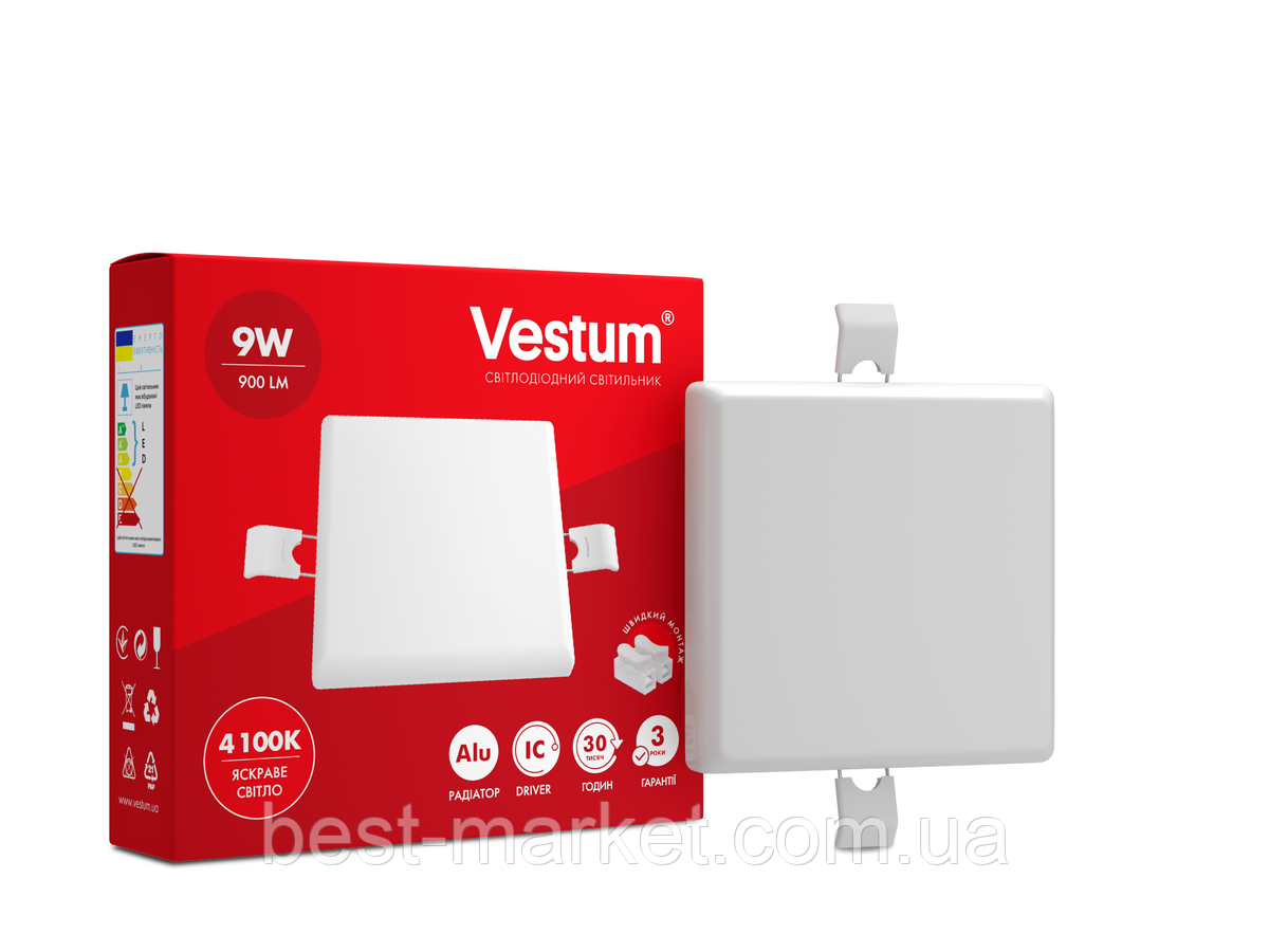 Акцiя! Квадратний світлодіодний врізний світильник "без рамки" Vestum 9W 4100K 1-VS-5602, фото 1
