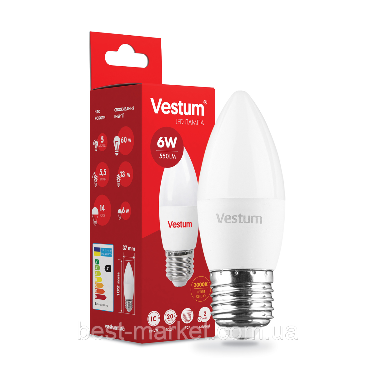 Світлодіодна лампа Vestum C37 6W 3000K 220V E27 1-VS-1302, фото 1