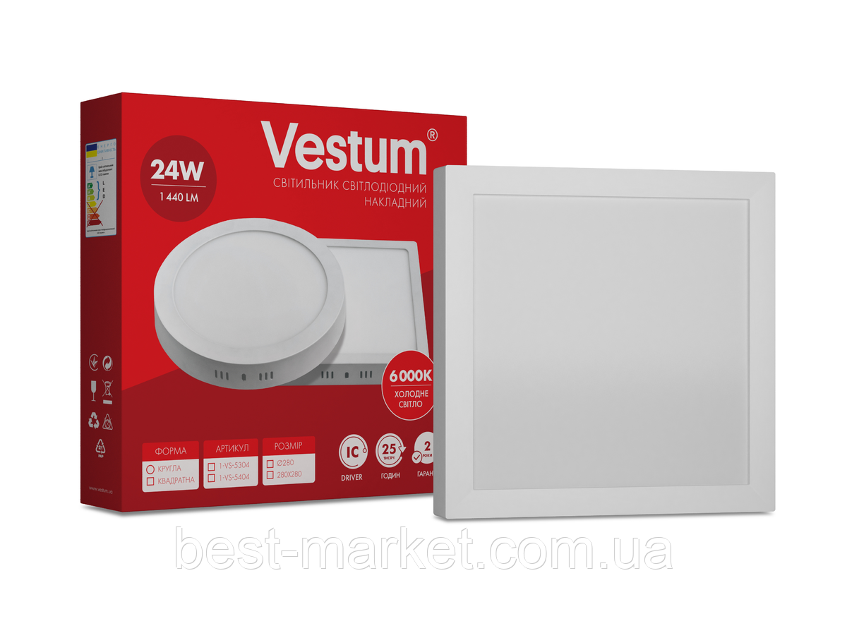 Квадратний світлодіодний накладний світильник Vestum 24W 6000K 220V 1-VS-5404, фото 1