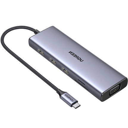USB HUB Ugreen 9 in 1 USB3.1 1Type-C 3USB Type-C-HDMI-RJ45-VGA-3.5мм-SD-TF-USB PD 100W CM498 Gray, фото 1