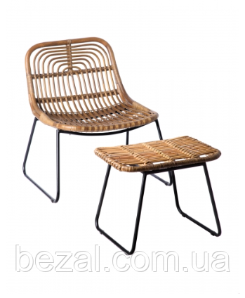 Кухонний комплект меблів крісло плетене з табуретом із натурального ротанга, фото 1
