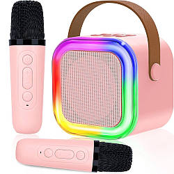 Дитяче караоке з Bluetooth + 2 мікрофони К12, 10Вт, Рожевий / Бездротова колонка з підсвіткою