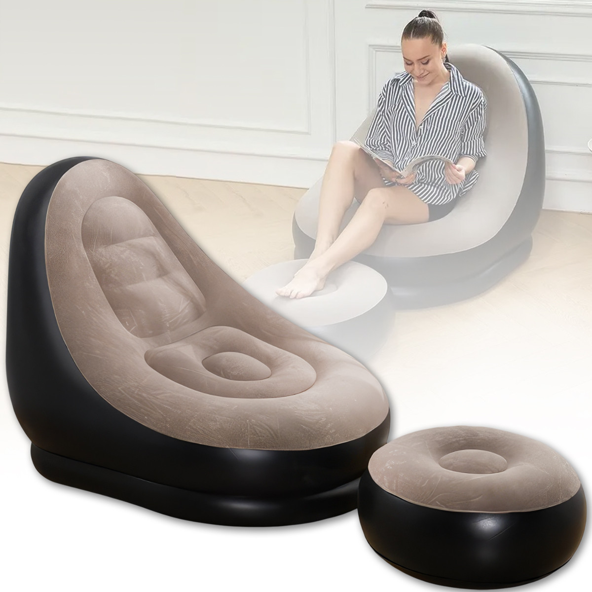 Надувне велюрове крісло 116х98х83 см з пуфиком 62х62х31 см AIR SOFA Чорно-бежеве, фото 1