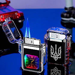 Запальничка герб України два полум'я з підсвіткою + водонепроникний + годинник у подарунковому пакованні 723U1