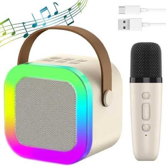 Дитячий набір Караоке WKSpaker Бежевий портативна Bluetooth колонка з мікрофоном і RBG підсвіткою (K12-06)