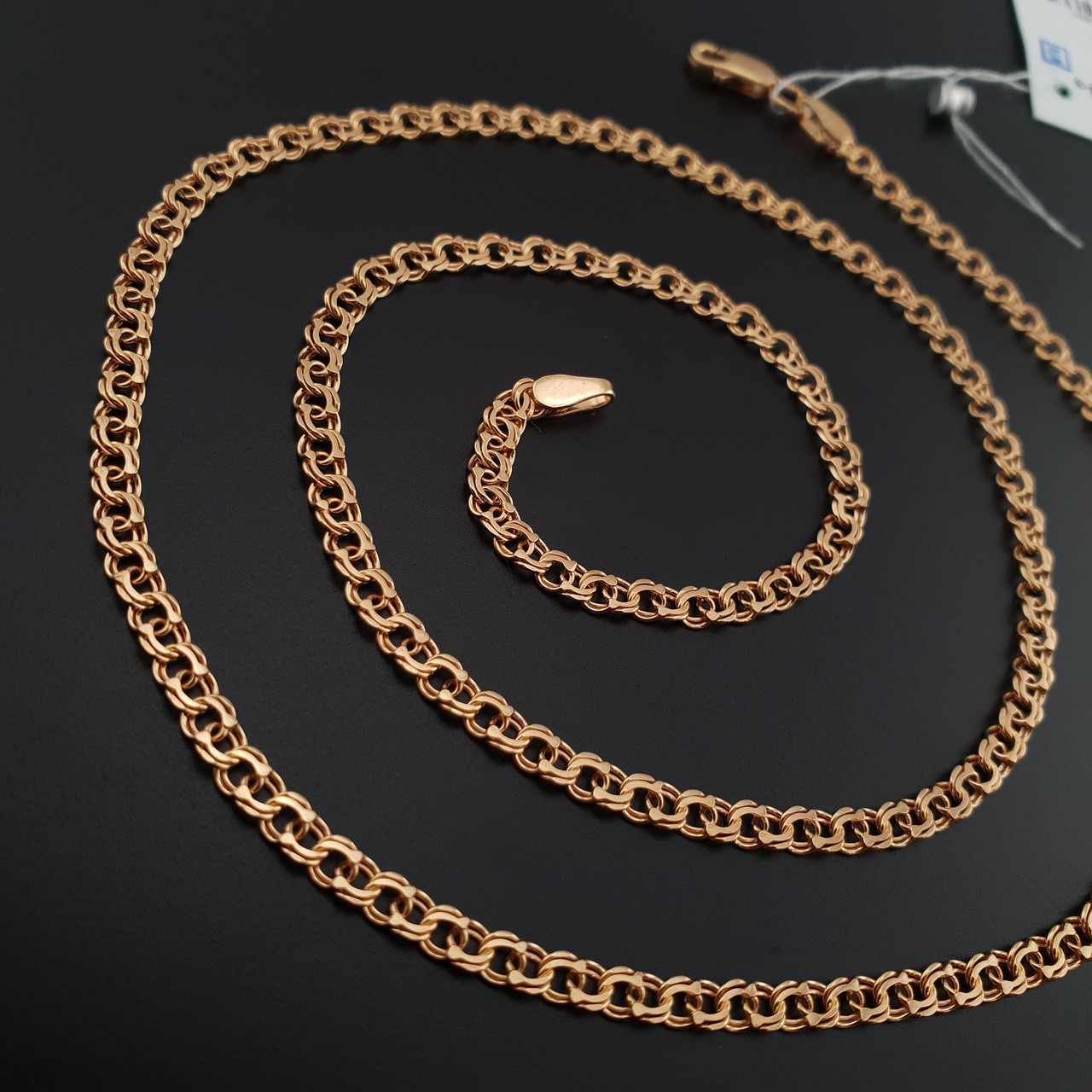 Тоненький срібний позолочений ланцюжок бісмарк. Цепочка срібло 925 з позолотою 585. Ширина 3,5 мм 60 см, фото 1