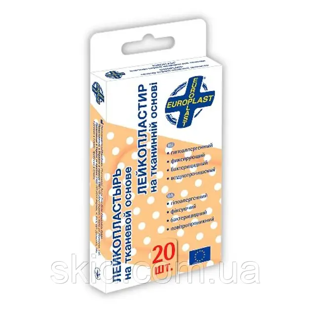 Лейкопластир EUROPLAST бактерицидний на тканинній основі 1,9х7,2 20 шт
