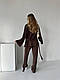 Жіночий стильний базовий прогулянковий костюм двійка рубчик кардиган кофта кімоно з поясом прямі штани палаццо, фото 4