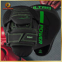 Лапи боксерські PowerPlay 3044 Pro Carbon Ultra Series PU Чорно-Зелені Тренувальні лапи для боксу MMA кікбоксингу пара​