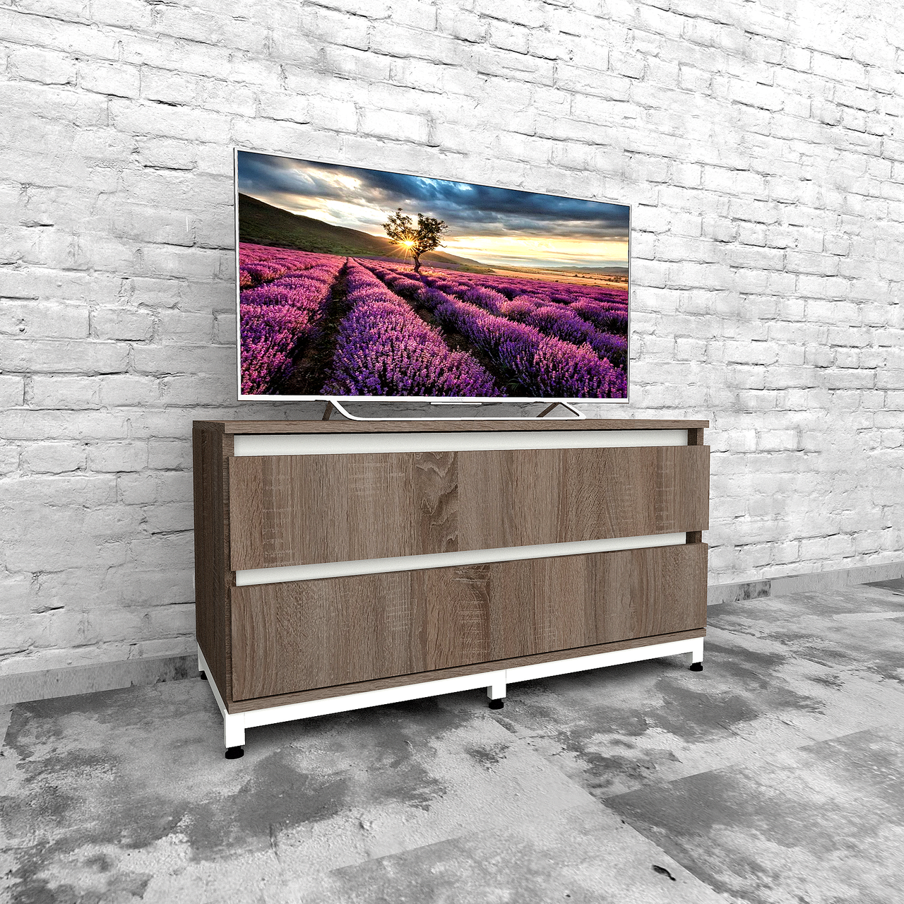 Маленька тумба під телевізор тв з шухлядами без ручок на металевих ніжках у вітальню ЛОФТ FLASHNIKA КЛ 107