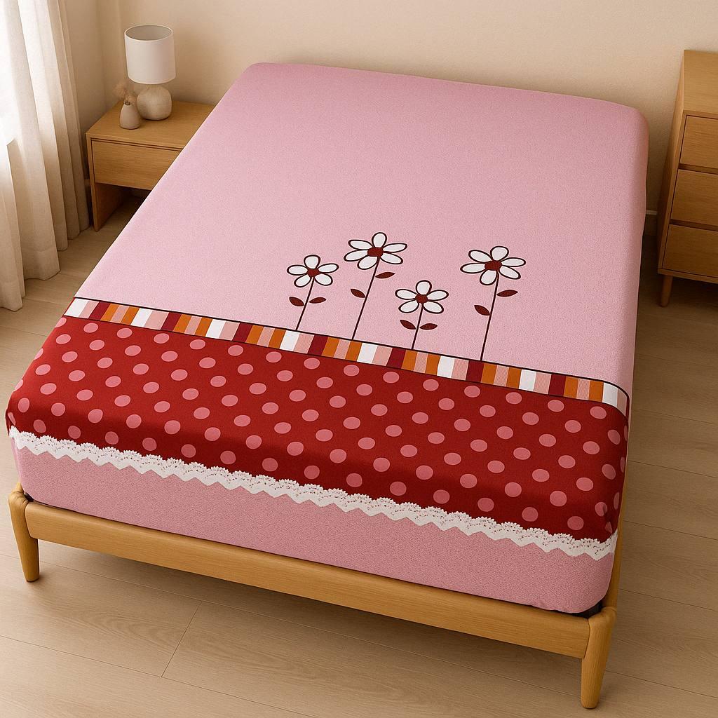 Простирадло на резинці двоспальне "Квіточки на рожевому" | Бязь 180х200 см, фото 1