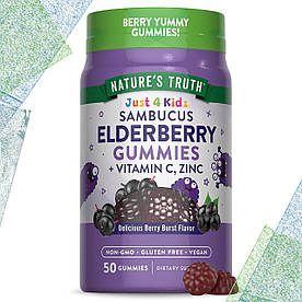 Для дітей 4+ Nature's Truth Just 4 Kidz Sambucus Eldelberry Gummies + Vitamin C, Zinc 50 жувальних цукерок