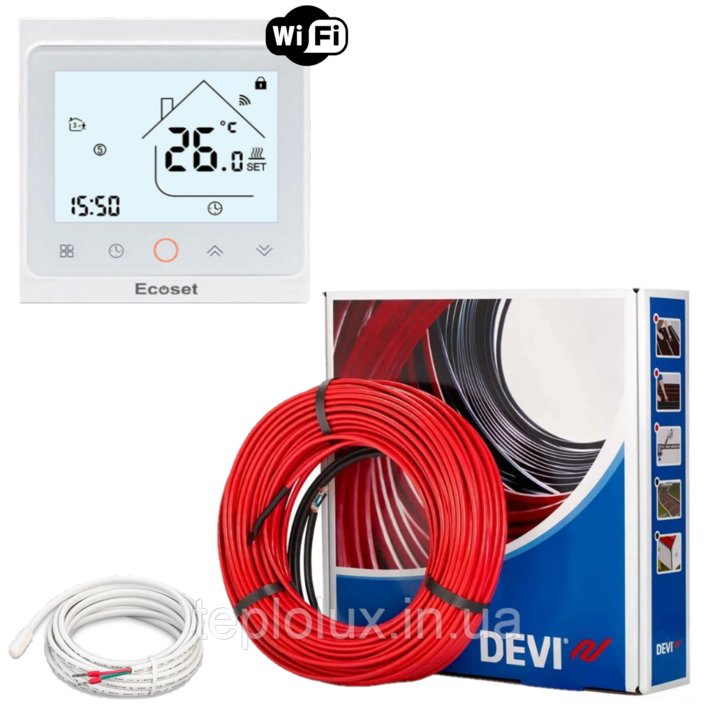 Тепла підлога DEVIflex 18T (10,2 м2). Кабель DTIP-18 (1485Вт-82м) з терморегулятором Ecoset PWT 002 Wi-Fi