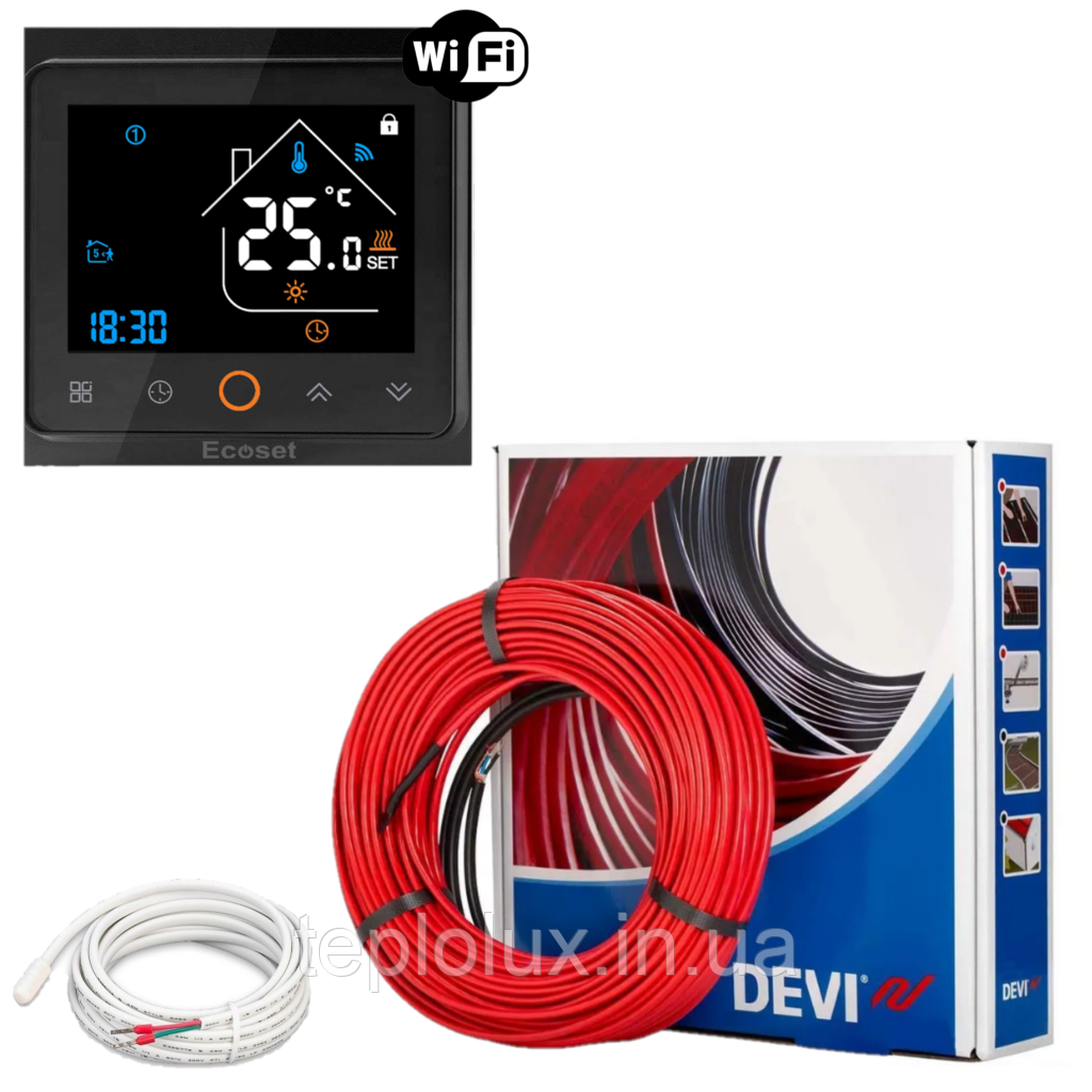 Тепла підлога DEVIflex 18T (7,1 м2). Кабель DTIP-18 (1005Вт-54м) з терморегулятором Ecoset PWT 002 Wi-Fi