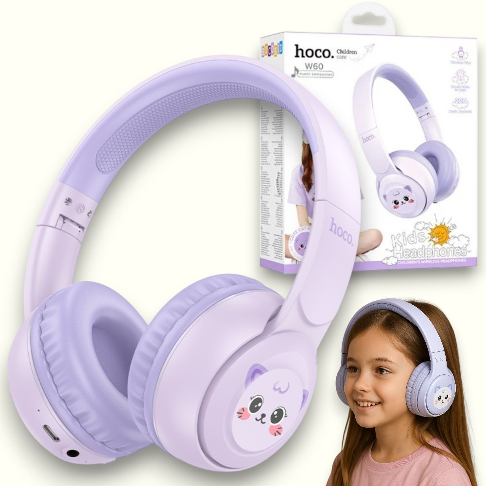 Дитячі навушники бездротові HOCO W60 Bluetooth навушники для дітей котик з мікрофоном, фіолетові