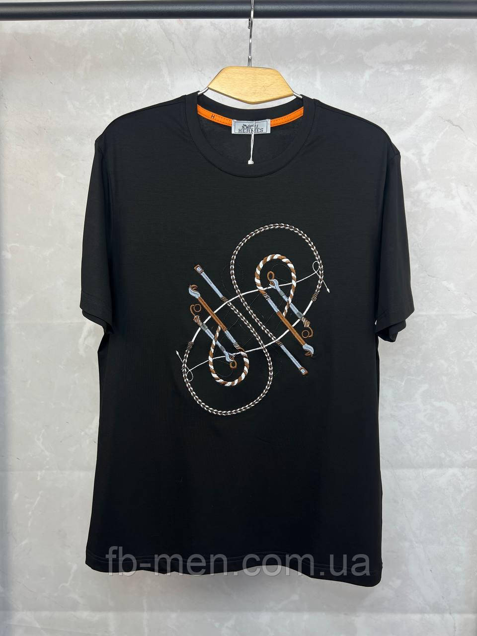 Футболка Hermes чоловіча чорна з вишивкою якість преміумбавовна