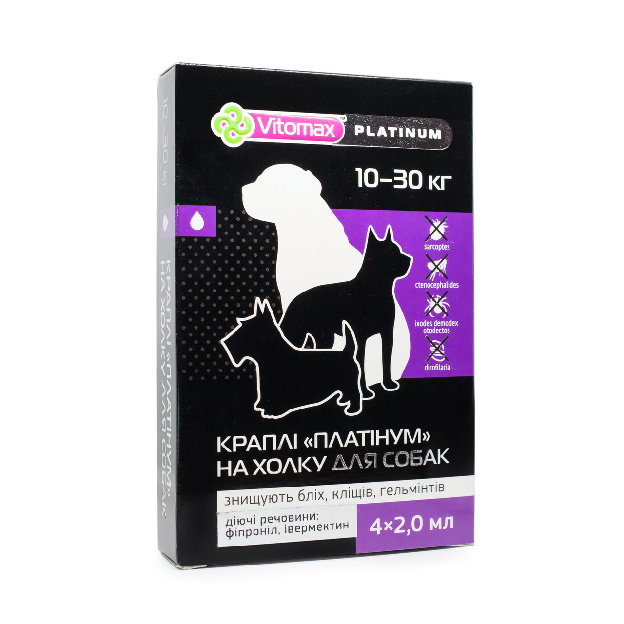 Краплі Platinum Vitomax на холку проти бліх, кліщів та гельмінтів для собак 10-30 кг, 2 мл (4 піпетки)