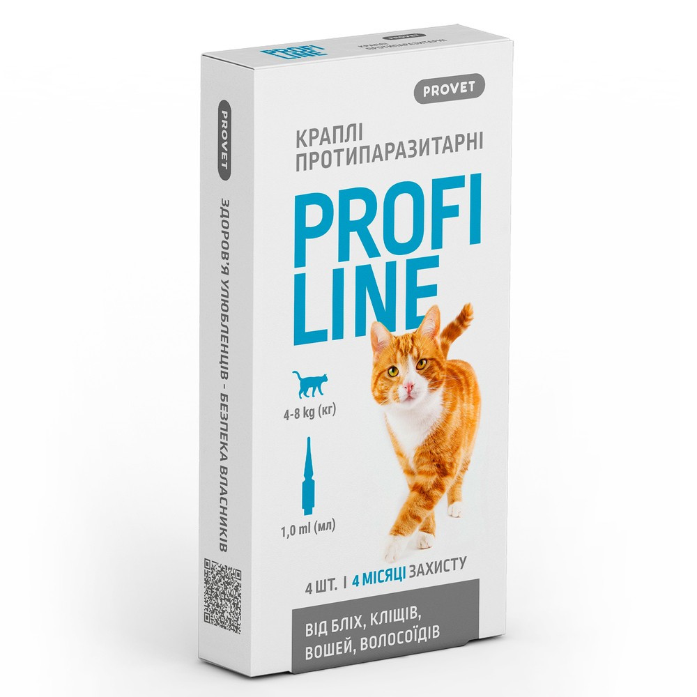 Краплі на холку від бліх та кліщів для котів вагою 4-8 кг Provet Profiline 4 шт/уп