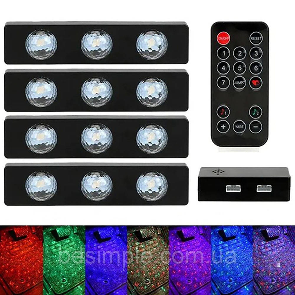 Автомобільне RGB led підсвічування для авто зі світломузикою + пульт / Світлодіодне підсвічування салону машини