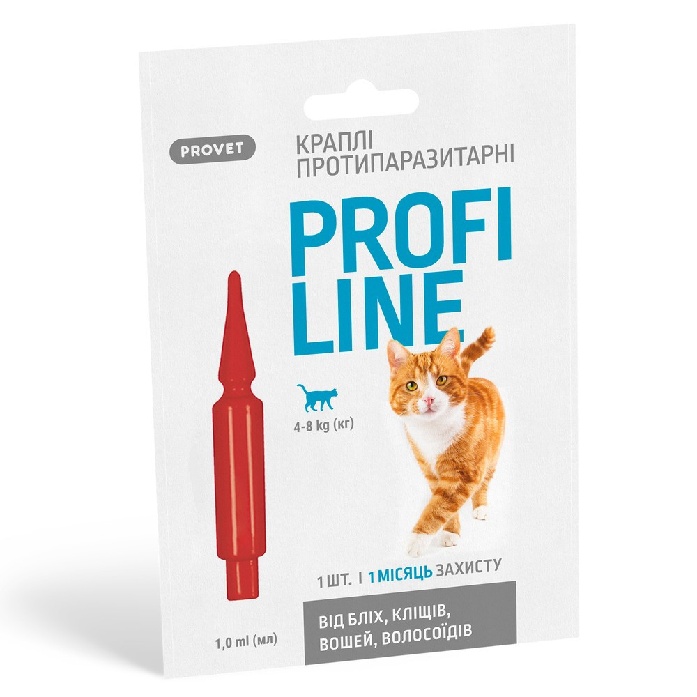 Краплі на холку від бліх та кліщів для котів вагою 4-8 кг Provet Profiline 1 шт/уп