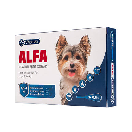 Протипаразитарні краплі Alfa Vitomax на холку для собак 1,5-4 кг, 0,8 мл (3 піпетки), фото 1
