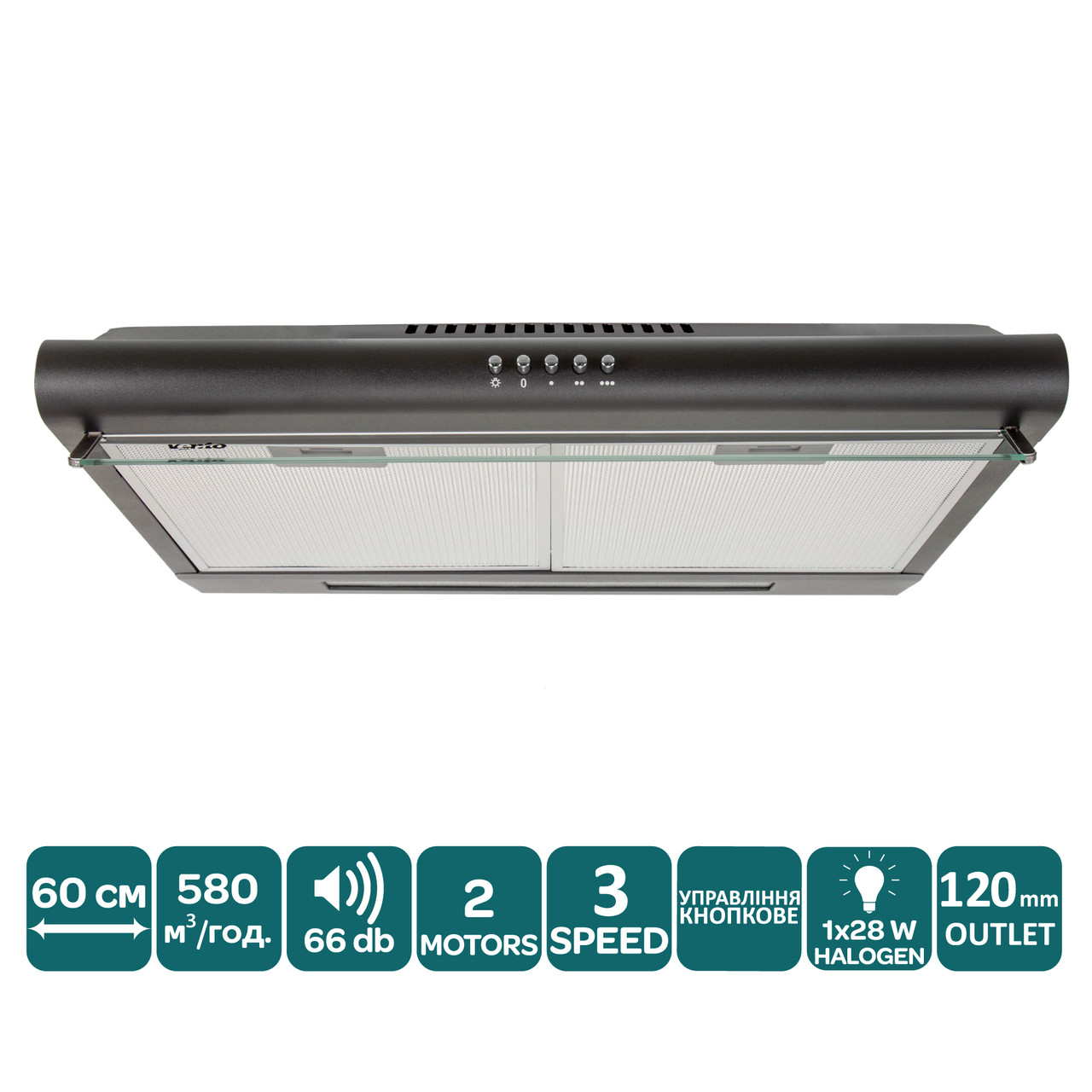 Двомоторна витяжка чорна плоска Ventolux ROMA 60 BK 2M LUX