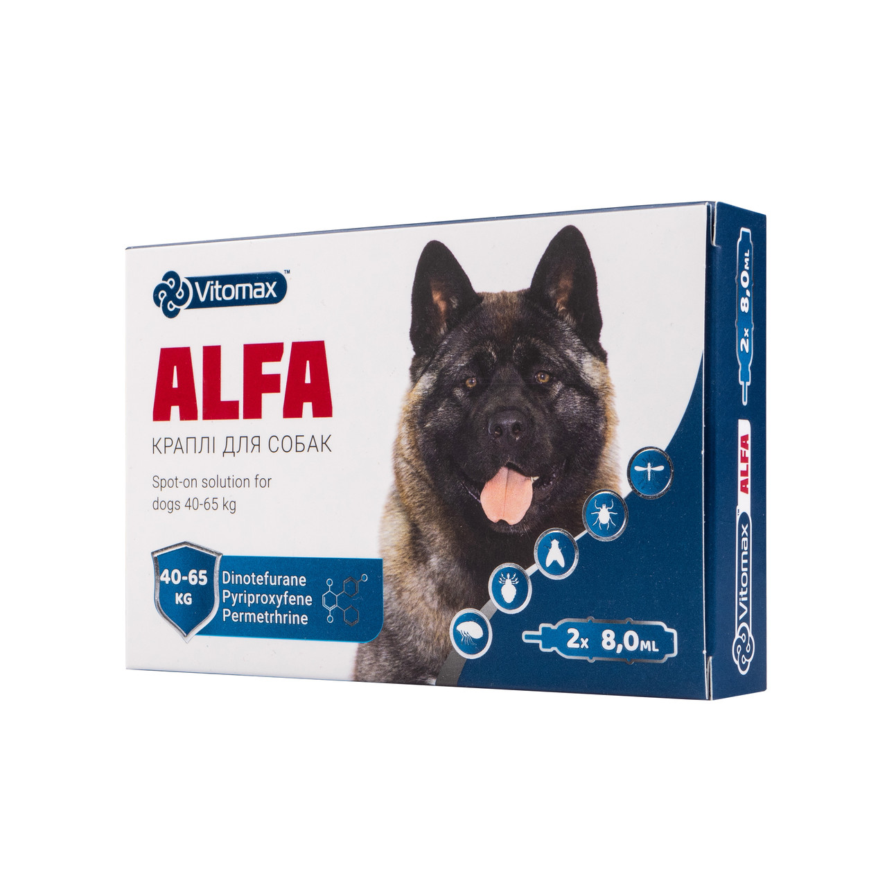 Протипаразитарні краплі Alfa Vitomax на холку для собак 40-65 кг, 8 мл (2 піпетки)