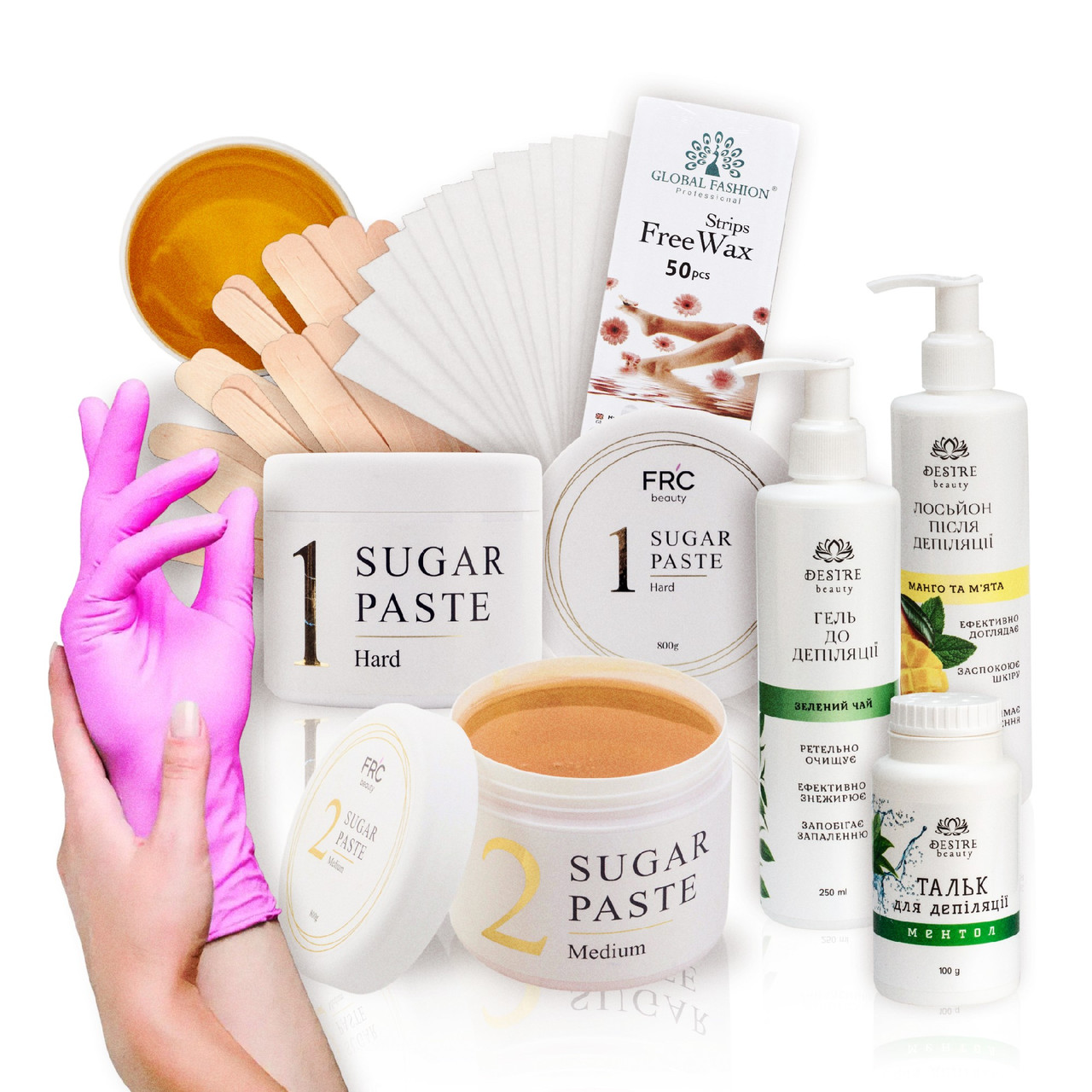 Набір для депіляції SUGAR PASTE 4 (цукрова паста, засоби «до» і «після», тальк, смужки, шпателі, рукавички), фото 1