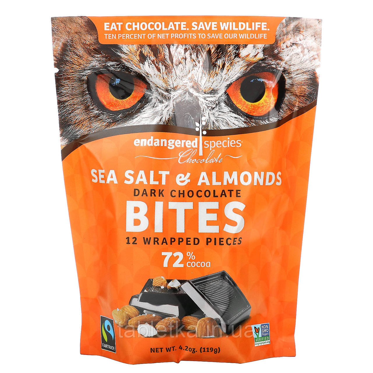 Endangered Species Chocolate, Dark Chocolate Bites, Sea Salt & Almonds, 72% Cocoa, 12 Wrapped Pieces, 4.2 oz