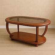 Стіл овальний журнальний з масиву дерева зі скляною стільницею для вітальні в класичному стилі Лотос РКБ меблі, колір на вибір