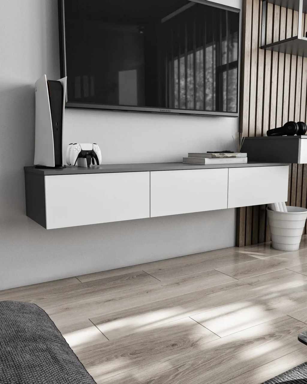 Навісна тумба під ТВ Moreli T221 Антрацит + Білий 150х40х24,2 см, фото 1