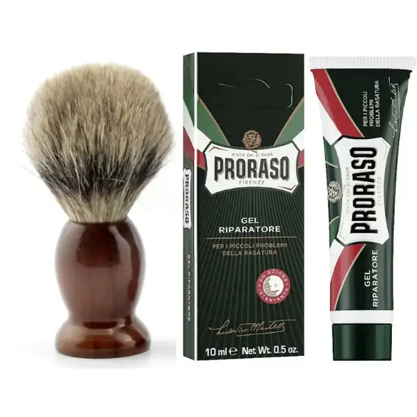Помазок для гоління з дерева Schima з ворсом борсука + Proraso заживляючий гель від порізів 10 мл, фото 1
