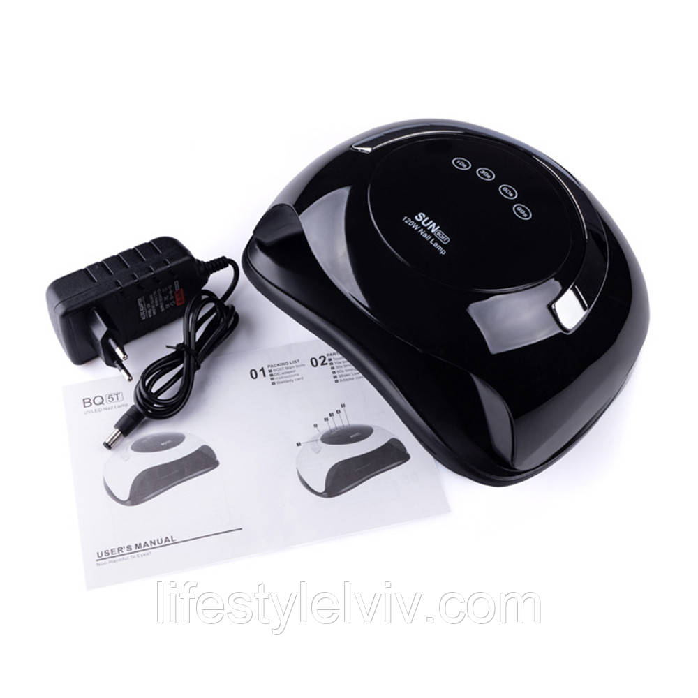 Лампа для манікюру SUN BQ-5T 120W, Чорна/UV+LED Лампа для нігтів із ручкою, фото 1
