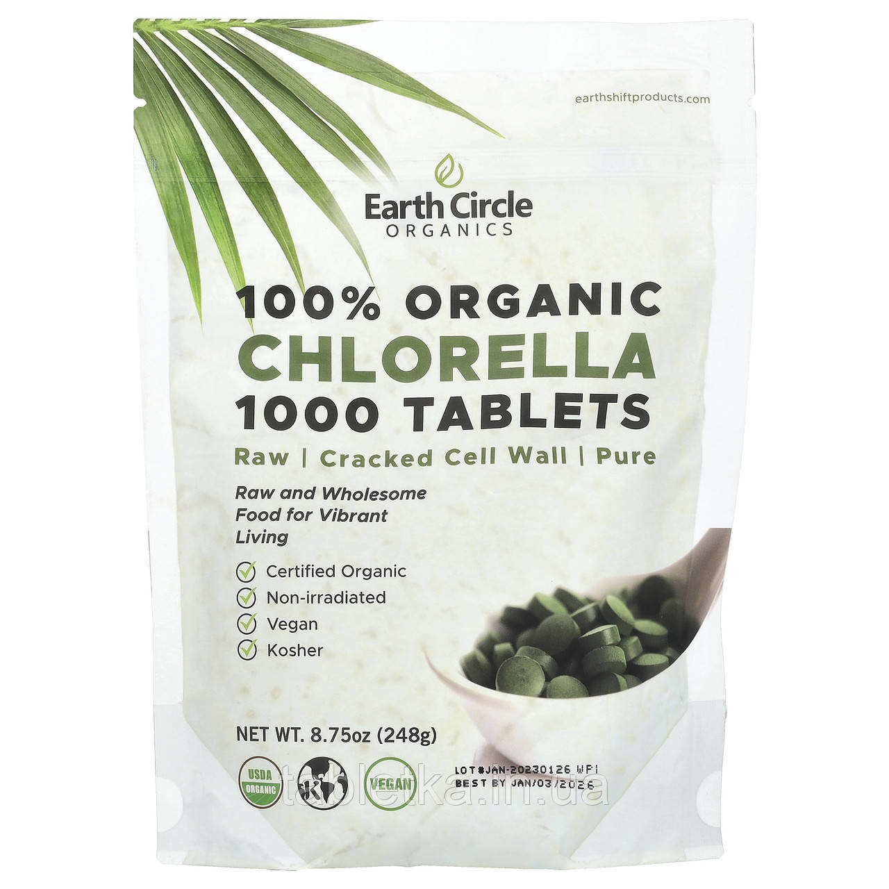 Earth Circle Organics, таблетки 100% органічної хлорели, 1000 таблеток, 8,75 унцій (248 г)